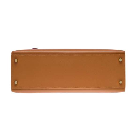 HERMES Kelly 32 sellier handbag strap [HSO] in Camel & Orange Epsom leather, GHW - Picture 11 of 12